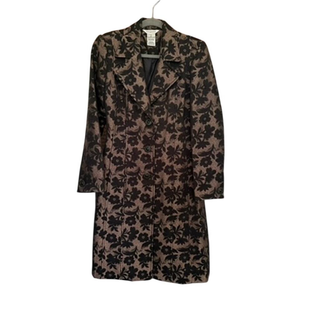 George Black Copper Floral Brocade Trench Coat Jacket Metallic Tapestry Sz 4